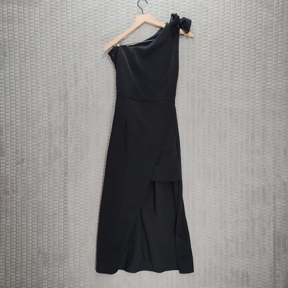 Black Asymmetrical One Shoulder Dress-Bow-Overlay-Mini with a Slit Midi Hem-Sz S - Picture 2 of 14